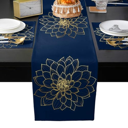 Table Runner and Placemats Set of 6 Abstract Golden Flower Decorative Dining Table Runner with Matching Placemats Floral Blue Modern Art Table Decor for Kitchen Dining Room and Everyday Use 13x70in - size: 13"x70"+6pcs