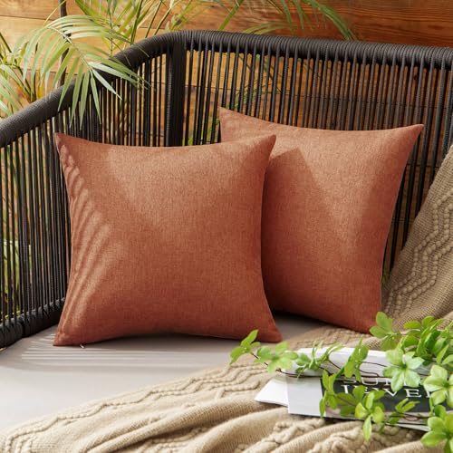 MIULEE Decorative Outdoor Pillow Covers Fall 12x12 Rust | Solid Waterproof Faux Linen Throw Pillow Covers Set of 2 Farmhouse for Patio Furniture Tent Balcony Garden Couch Sofa Cushion - color: Rust, size: 12" x 12" (Pack of 2)