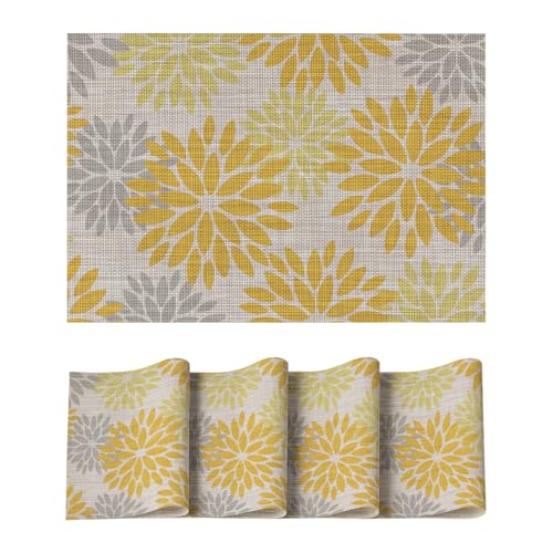 Artoid Mode Floral Plastic Placemats Set of 4, 12x18 Inch Washable Non-Slip Plastic Vinyl Place Mats for Party Kitchen Dining Decor, Yellow - color: Yellow, size: 12" x 18", Rectangular Set of 4