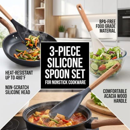 Cooking Spoon Spatula for Nonstick Cookware, 3-Piece Set | Multifunction Spoonula for Baking, Cooking, Serving, Mixing, Stirring, Scoop, Scrape - One-Piece Formed, Dishwasher Safe