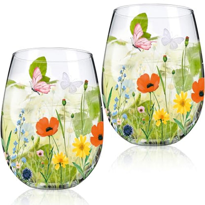 Sliner 2 Pack 17oz Wildflower Stemless Wine Glasses Floral Butterfly Drinking Glasses Spring Flowers Tumbler Cups for Graduation Wedding Mother's Day Birthday Drinking Party Favors - style: Wildflower
