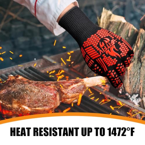 BBQ Gloves, 1472°F Heat Resistant with Silicone Grip Oven Mitts | Non-Slip Grip, for BBQ, Grilling, Oven, Smoker, Cooking and Baking - color: Red, size: Long (Glove L 13.78" × Palm W 6.33")