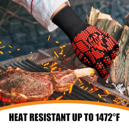 BBQ Gloves, 1472°F Heat Resistant with Silicone Grip Oven Mitts | Non-Slip Grip, for BBQ, Grilling, Oven, Smoker, Cooking and Baking - color: Red, size: Long (Glove L 13.78" × Palm W 6.33")