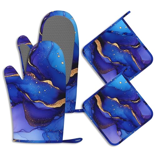 Blue Purple Gold Marble Oven Mitts and Pot Holders Sets of 4 Abstract Heat Resistant Silicone Oven Mits Gloves Non-Slip Kitchen Mittens Potholders for Cooking Baking Grilling BBQ - color: Blue Purple Gold Marble,abstract