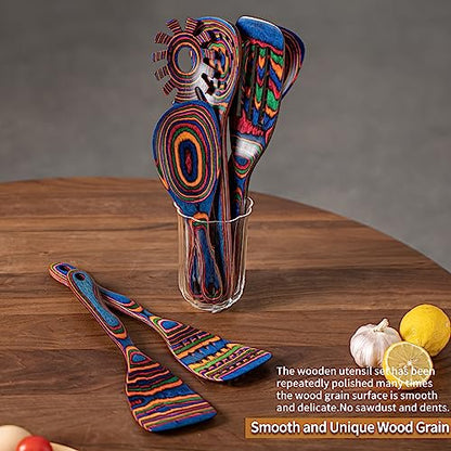 Gudamaye Pakka wood 7-Piece Blue Wooden Cooking Utensils, Wooden Spoons for Cooking, Wooden Spoon Set, Wooden Kitchen Utensil set, Pakkawood Cooking Spoons, Non-Stick Spoon,Pakkawood kitchen utensils - style: Pakkawood 7 PCS Blue
