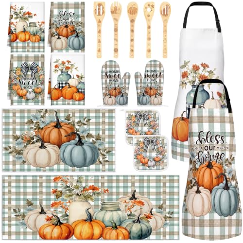 Bencailor 17pcs Fall Pumpkin Kitchen Set Fall Thanksgiving Rugs Buffalo Plaid Pumpkin Apron Oven Mitt Pot Holder Dish Towel Wooden Spoons Autumn Harvest Kitchen Decor for Housewarming - color: Fall Pumpkin