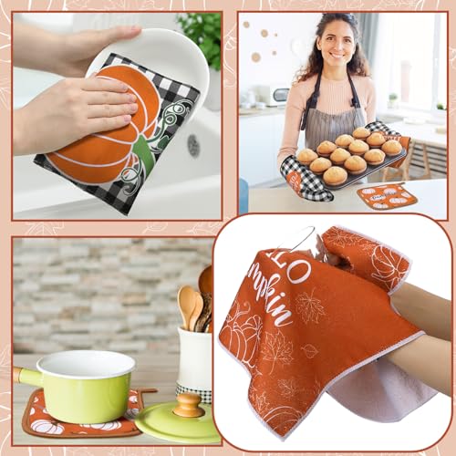 Leinuosen 6 Pack Fall Thanksgiving Kitchen Set with 2 Hello Pumpkin Dish Towels, 2 Pot Holders and 2 Buffalo Plaid Oven Mitts for Gifting, Baking and Cooking - color: Rich Color, style: Pumpkin