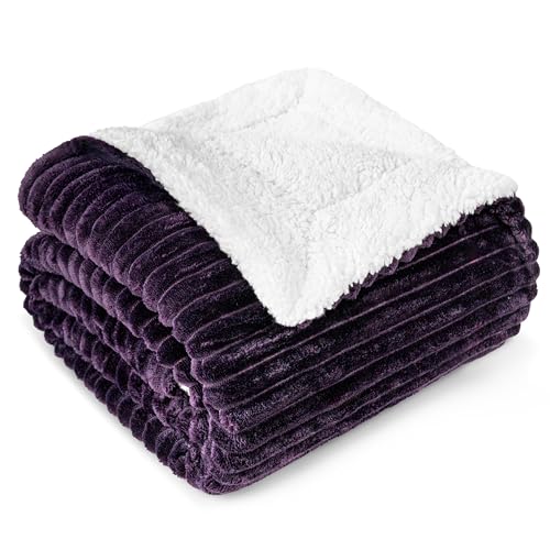 PAVILIA Dark Purple Sherpa Fleece Throw Blanket for Couch, Soft Plush Fuzzy Blankets, Fluffy Flannel Sherpa Blanket for Sofa, Warm 3D Ribbed Winter Blanket Gift, 50x60 inches - color: Purple, size: 50 x 60 Inches - Throw