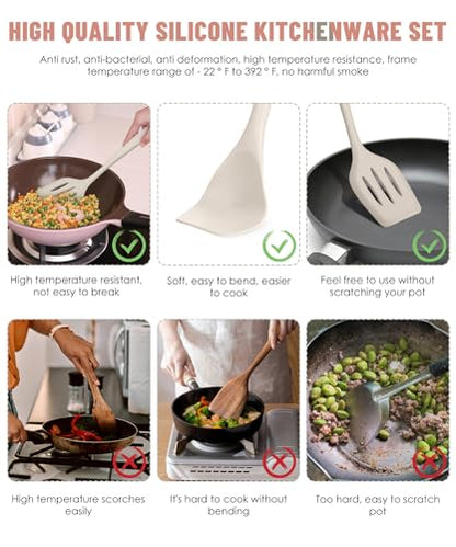 Khaki Kitchen Utensils Set-12 Pieces Silicone Cooking Utensils Set | Dishwasher Safe 392°F Heat Resistant Spatula Set Kitchen Utensil Set for Nonstick Cookware,Best Kitchen Tools with Holder - color: Khaki
