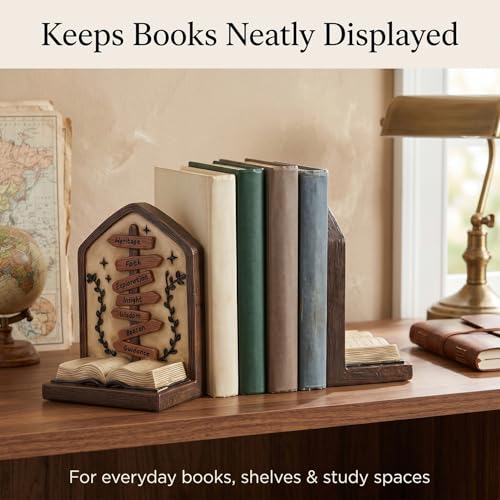 Bookends Set of 2 Resin Decorative Book Ends with Inspirational Signpost and Open Book Design, Distressed Library Decor for Bookshelf Office Study Shelf Display
