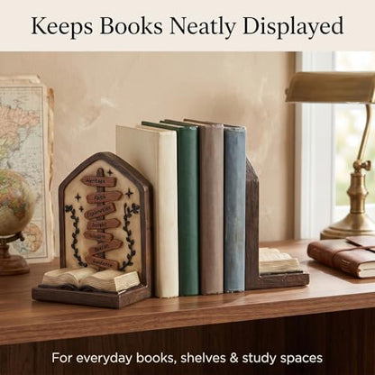 Bookends Set of 2 Resin Decorative Book Ends with Inspirational Signpost and Open Book Design, Distressed Library Decor for Bookshelf Office Study Shelf Display