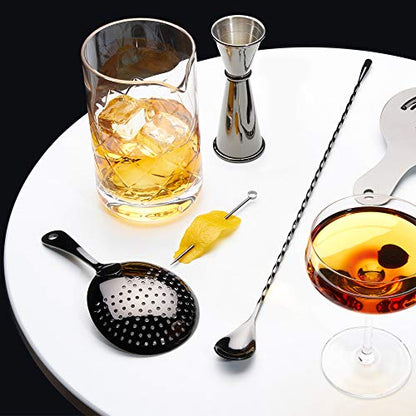 Viski Julep Stainless Steel Cocktail Strainer, Bar Tools, Drinks Spoon for Bartenders and Mixologists, Home or Commercial Use, Professional Metal Barware, Black, 6.75" - color: Black, style: Julep