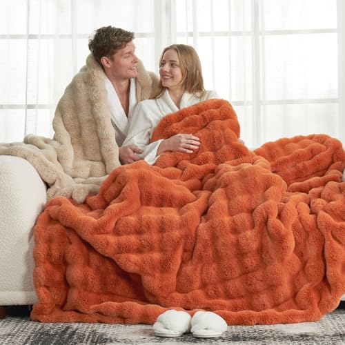 Cozy Bliss Faux Fur Throw Blanket for Couch, Fuzzy Soft Plush Thick Bubble Blanket for Sofa Bedroom Living Room, 60 * 80 Inches Burnt Orange - color: Burnt Orange, size: Twin(60" x 80")