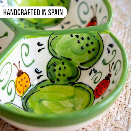3-Compartment Ceramic Serving Dish, Handmade in Spain | 7.5” divided chip and dip bowl with lead-free glaze, microwave, oven and dishwasher safe, ideal for tapas, snacks and sauces - color: Cactus Green