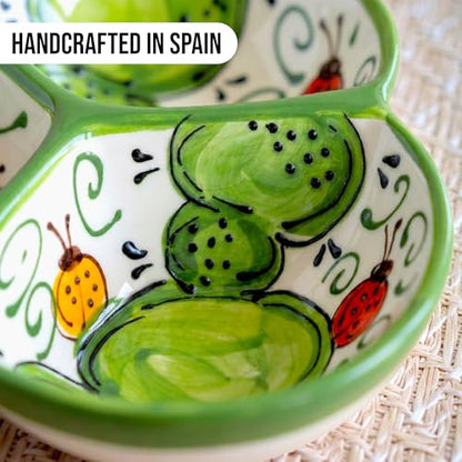 3-Compartment Ceramic Serving Dish, Handmade in Spain | 7.5” divided chip and dip bowl with lead-free glaze, microwave, oven and dishwasher safe, ideal for tapas, snacks and sauces - color: Cactus Green