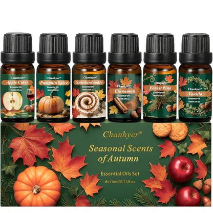 Autumn Fall Essential Oils Set for Diffusers for Home 6 x 10 ml | Aromatherapy Gift,Premium Scented Oils for Diffusers - Pumpkin Spice,Apple Cider,Snickerdoodle,Vanilla,Cinnamon & Pine - color: Green