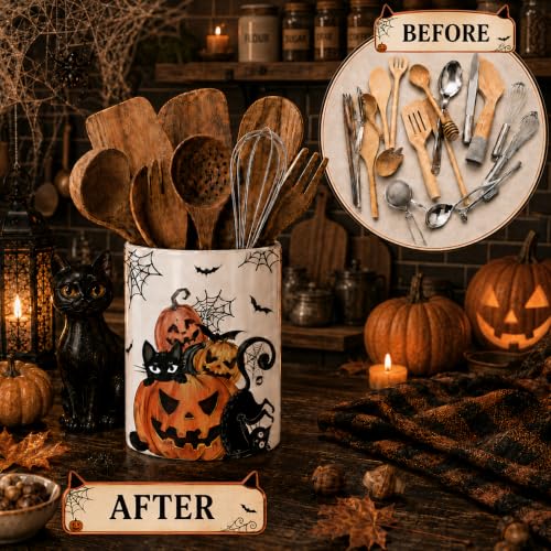 Halloween Utensil Holder, Spooky Ceramic Kitchen Utensil Holder, Utensil Crock for Home Kitchen Countertop Storage Organizer Container, Large Holder for Spatulas, Spoons, Kitchen Counter Decor, 6"