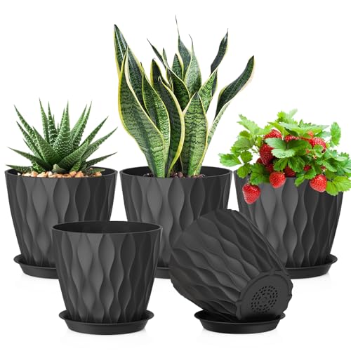 Meowell 7 inch Plant Pots for Indoor Outdoor Plants, 5 Pack Thick Flower Pots with Drainage Holes and Saucers, 3D Modern Wave Texture Plastic Planter Pots for House Plants, Black - color: Black, size: 7'' 5pcs