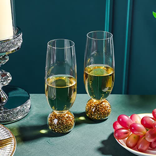 Hanjue Lead-free Crystal Champagne Glasses Set of 4, 7 Oz Clear Champagne Flutes, Ideal for Gifts, Parties,Wedding,Christmas - Long-lasting and Reusable Bar Glassware (Gold crushed diamonds) - color: Gold Crushed Diamonds