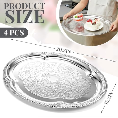 4 Pcs Large Silver Serving Tray 20.3 x 15.2 Inch Elegant Floral Metal Plate Silver Platter for Buffet Wedding Party Jewelry Decorative, Oblong