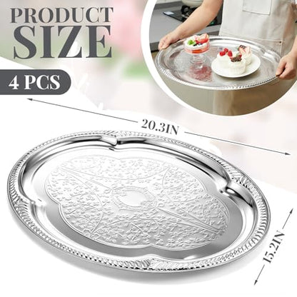 4 Pcs Large Silver Serving Tray 20.3 x 15.2 Inch Elegant Floral Metal Plate Silver Platter for Buffet Wedding Party Jewelry Decorative, Oblong