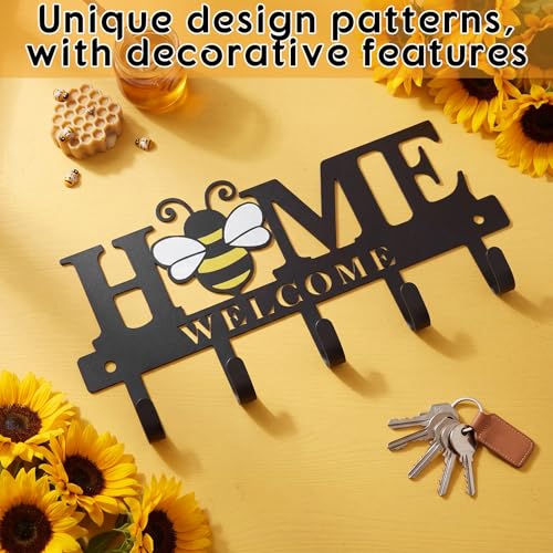 Key Holder Wall Mount Bee Metal Key Hooks Organizer Hanger Coat Rack with 5 Hooks Rustic Farmhouse Decorative Welcome Home Wall Decor for Entryway Bathroom Hallway Living Room 9.8 Inch - style: Bee