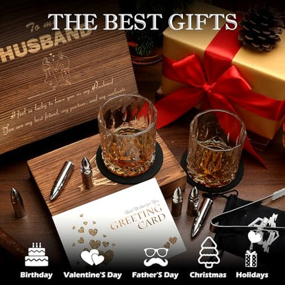 Whiskey Gifts for Men Husband, Anniversary Birthday Bourbon Gifts for Him | Fathers Day Wedding Gifts Ideas from Wife, Stainless Steel Whiskey Stones and Whiskey Glasses Set, Holiday, Groomsmen Gifts - style: Straight Glasses+Stainless Steel Stones for Hu