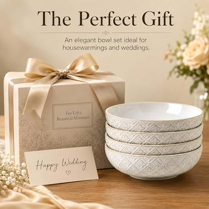 22 Oz Pasta Bowls Set of 4, Ceramic Soup Bowls, 8 inch Large Serving Bowl, Porcelain Kitchen Embossed Dish for Salad, Fruit, Rice, Desserts, Housewarming Wedding Gifts, Dishwasher Safe - color: Floral 2