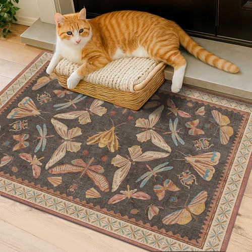 2x4 Vintage Area Rug for Entryway Indoor, Stain Resistant Washable Carpet for Kitchen, Bathroom & Powder Room, Orange Brown Insect Boho Décor - color: Tribal Brown, size: 2' x 4' (Rectangular)