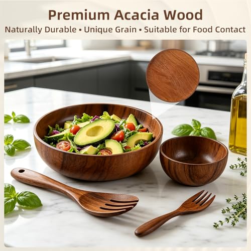 Acacia Wood Salad Bowl Set (4-Piece) | Wooden Bowls,Safe for Warm Food,Durable & Easy to Clean,Everyday Kitchen Use,Serving Bowls for Party