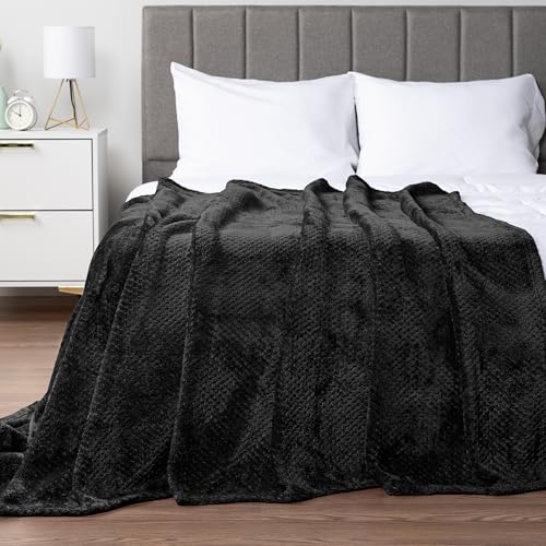 PAVILIA Fleece Throw Blanket for Couch Sofa Bed, Solid Black 60x80 Twin | 280 GSM Soft Fuzzy Waffle Textured Jacquard Microfiber, Warm Lightweight Fade-Resistant Decorative Decor, All Season Gift - color: Black, size: 60 X 80 Inches - Twin