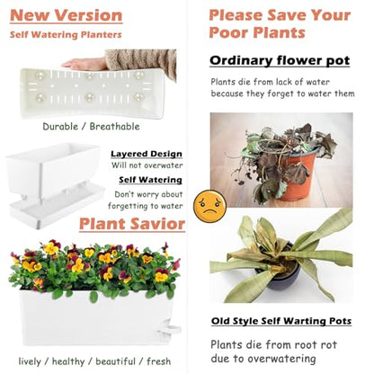 2 Pack Self Watering Pots for Indoor Plants 17 Inches Window Boxes Planters Rectangular Flower Pots Rectangle Herb Pots Large Plant Pots with Drainage Holes and Saucers Windowsill Planter, White - color: White