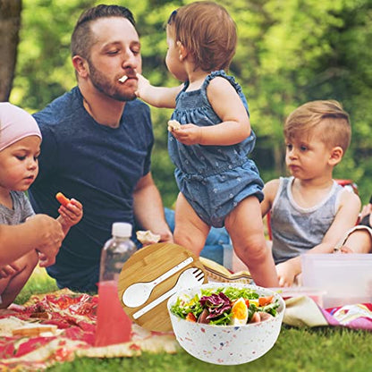 ECOWAY Melamine Salad Bowl with Bamboo Lid & Servers, Bamboo Fiber Salad Serving Bowl 4Qt, Salad Mixing Utensils with Tongs Spoon for Salad, Fruit, Soup, Vegetables, Pasta, Dessert Bowls, 9.84 Inches - color: Marbling with lid