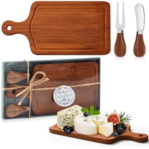 1 Set Bridal Baby Shower Cheese Prizes Wooden Square Board Gift Set Knives Forks Thank You Tags with Box for Guests for Valentines Bridal Baby Shower Housewarming (Carbonized Bamboo) - color: Carbonized Color