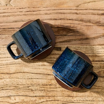 LUKA Porcelain Stackable Espresso Cups with Saucers and Metal Stand, 4 Ounce Small Ceramic Demitasse Cups Set for Latte, Specialty Coffee Drinks, Cafe Mocha,Tea - Set of 4, Reactive Blue - color: Reactive Blue