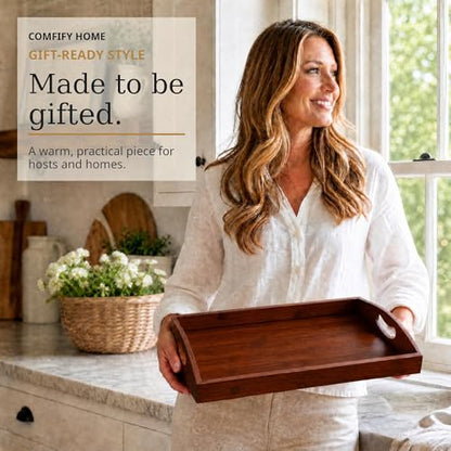 Comfify Dark Brown Bamboo Serving Trays Set of 3 – Nesting Ottoman Trays | Dark-stained bamboo with walnut tones; cutout handles; for coffee table, bar and bedroom dresser; S: 12", M: 14.5", L: 16.25" - color: Dark Brown