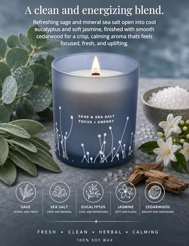 Sage & Sea Salt Wood Wick Soy Scented Aromatherapy Candle for Home, Office | Sage Candles for Cleansing House, Focus & Relaxation | Home Spa, Clean Burn, 10.6 oz, Decorative Blue Jar Candle, Women & Men