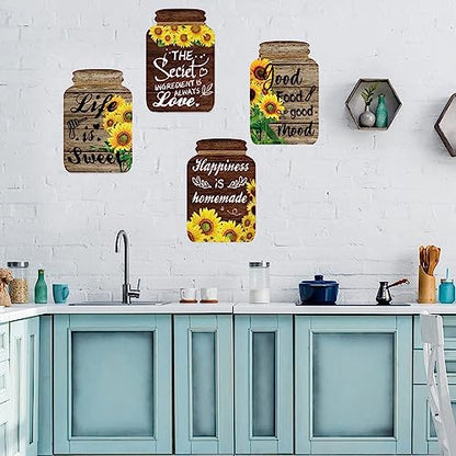 4 Pieces Kitchen Wall Decor Mason Jar Set, Wooden Kitchen Dining Room | Signs Country Wall Art Farmhouse Tiered Tray Decor 7.1*4.7Inch (Sunflower)