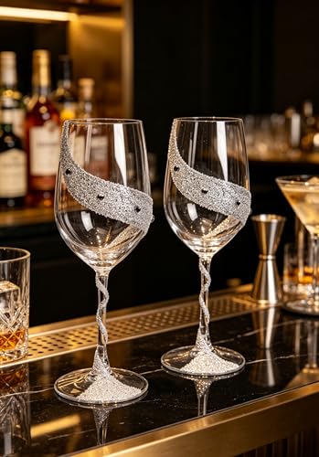 Bling Rhinestone Red Wine Glasses Set of 2 – Elegant Crystal Glass with Artificial Diamonds – 300ml Capacity, Long Stem,Perfect for Red or White,Daily Use,Unique Wedding Anniversary or Birthday Gift.