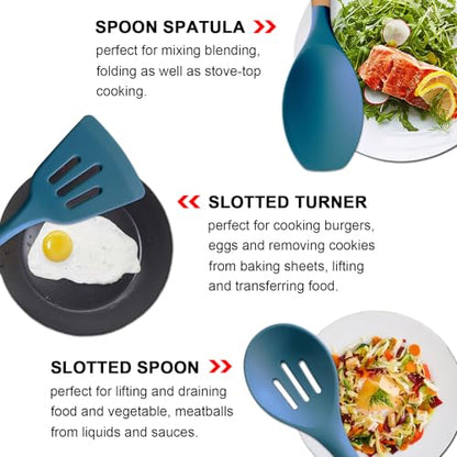 Silicone Kitchen Cooking Utensils Set 5Pcs Non-Stick Silicone Kitchen Utensils Set Spatula Spoon Turner Ladle with Wooden Handle, Heat Resistant Cooking Gadgets for Nonstick Cookware BPA-FREE - color: Blue, size: Standard 5-Piece Set