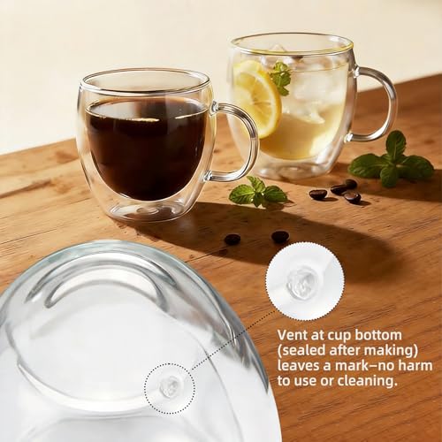 Double Wall Insulated Espresso Shot Cups 5.4 OZ Set of 2, Small Clear Borosilicate Glass Demitasse Coffee Mugs with Handles
