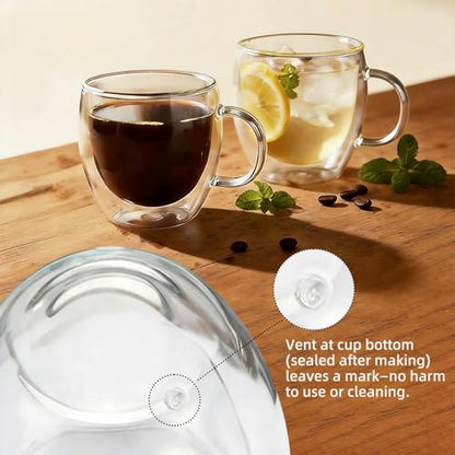Double Wall Insulated Espresso Shot Cups 5.4 OZ Set of 2, Small Clear Borosilicate Glass Demitasse Coffee Mugs with Handles