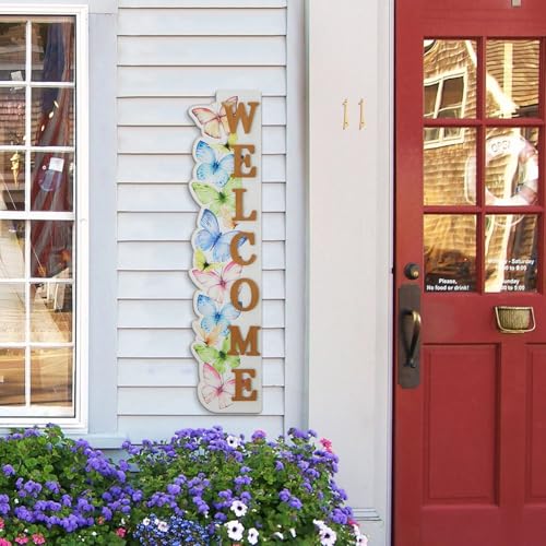 Glitzhome 42" H Welcome Sign for Front Porch, Rustic Solid Wood WELCOME Porch Sign with Butterfly Vertical Standing or Hanging Signs for Porch Door Home Yard Indoor Decor - color: "WELCOME" with Butterfly