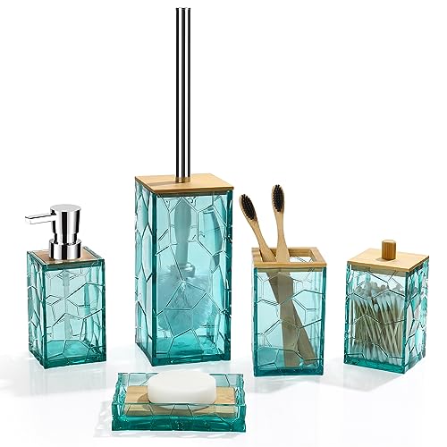 GAHEFY Teal Blue Beach Bathroom Accessories Set, Toothbrush Holder, Soap Dispenser, Cotton Swabs Holder, Soap Dish, Toilet Brush with Holder, Boho Bamboo Bathroom Decor,Acrylic (Teal) - style: Teal-5pcs