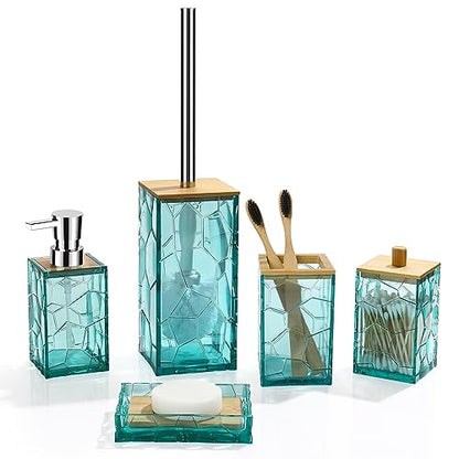 GAHEFY Teal Blue Beach Bathroom Accessories Set, Toothbrush Holder, Soap Dispenser, Cotton Swabs Holder, Soap Dish, Toilet Brush with Holder, Boho Bamboo Bathroom Decor,Acrylic (Teal) - style: Teal-5pcs
