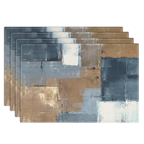 Emvency Farmhouse Placemats Set of 4, 12x18 Inch, Brown and Blue | Abstract Vintage Art Painting Table Mats for Outdoor Home Party Kitchen Dining Decoration - color: Brown Blue Abstract, size: Set of 4