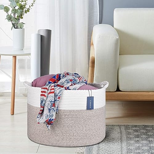 COMSE XXXLarge Woven Blanket & Laundry Basket, 87L, White & Light Brown | 21.7" x 13.8", Cotton Rope, Nursery Hamper for Storage of Toys Clothes Towels, Ideal for Living Room Bedroom Bathroom - color: White & Light Brown