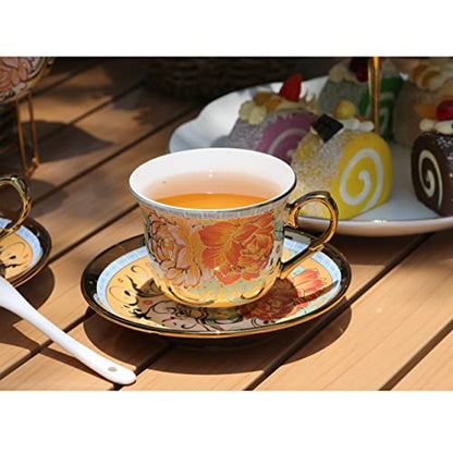 20 Pieces Porcelain Tea Set With Metal Holder, European Ceramic tea set for adults,Flower Tea Set,Tea Set For Women With Flower Painting (Large version, Deep yellow) - color: Deep yellow