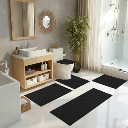 Pauwer Bathroom Rugs Sets 5 Piece, Absorbent Non Slip Bath Mat Set, Black | Machine Washable, Microfiber Plush, Quick Dry Runner, U Shaped Contour Toilet Rugs, Shower Mats and Toilet Lid Cover - color: Black