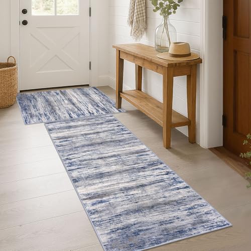 KOZYFLY Modern Abstract Area Rugs 2PCS 2x3 and 2x6 Blue-Grey Machine Washable Runner Rug Non-Slip Living Room Rug, Faux Wool Soft Low Pile Office Carpet for Hallway Entryway Bathroom Bedroom - color: Blue-grey, size: 2' x 3' (Set)